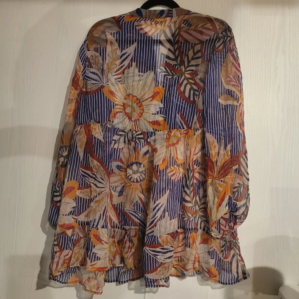 Soft Surroundings Tory Tunic Boho Floral Stripe Print Top Tassel Sheer Sz Large - Picture 8 of 15